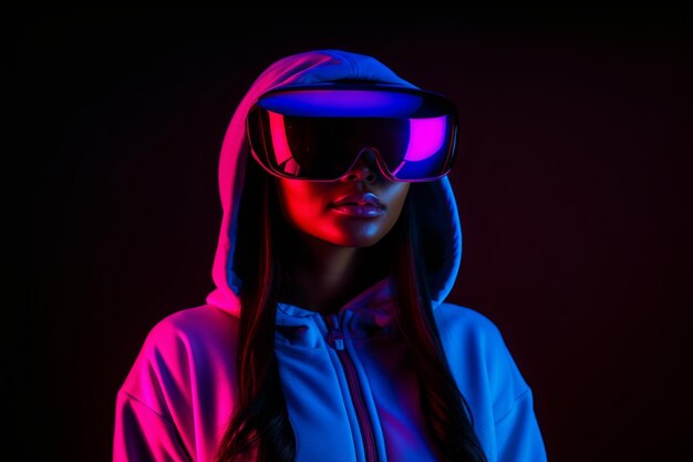 Giovane studentessa africana usa la tecnologia informatica ragazza VR cuffie occhiali di realtà virtuale