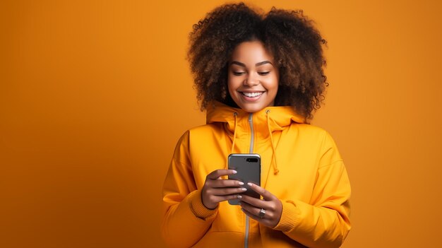 Giovane studentessa afroamericana con un telefono adolescente su sfondo giallo