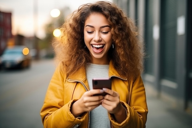 Giovane studentessa felice e fortunata che si sente entusiasta del vincitore guardando il cellulare utilizzando il telefono cellulare vincendo online ricevendo ottime notizie o offrendo SMS per ottenere un nuovo lavoro celebrando il successo