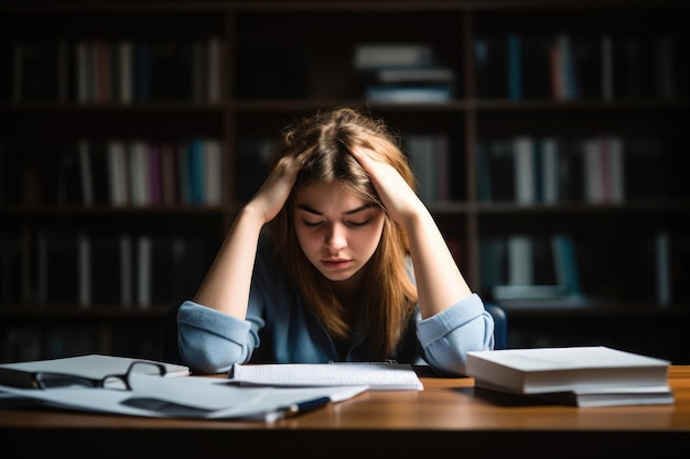 Giovane studentessa seduta su una scrivania che sembra stressata creata con l'AI generativa