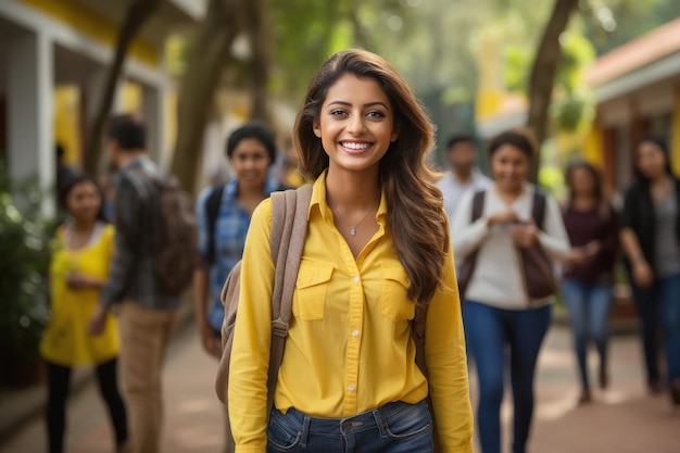 Giovane studentessa universitaria indiana che tiene zaino e libri e dà un'espressione felice