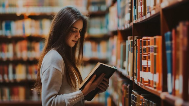 Giovane studiosa profondamente impegnata nella lettura di materiale accademico in un ambiente sereno di biblioteca