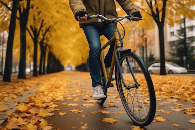 giovane su una bicicletta che viaggia su una strada cittadina AI generativa