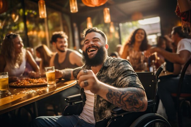 Giovane su una sedia a rotelle che celebra il giorno di San Patrizio in un bar IA generativa