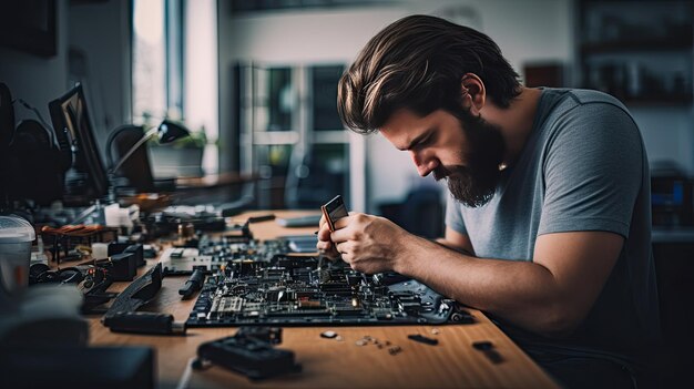 Giovane tecnico maschio che ripara il telefono cellulare