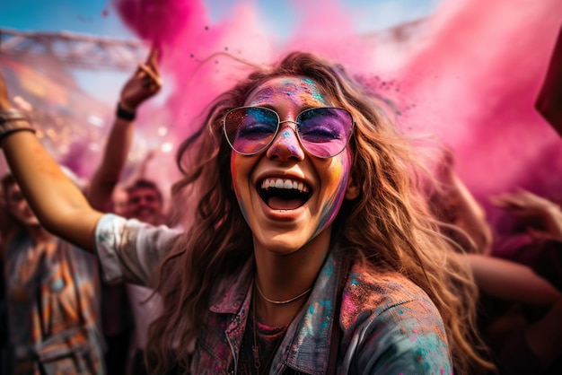 Giovane turista adulta alla celebrazione di Holi AI generativa