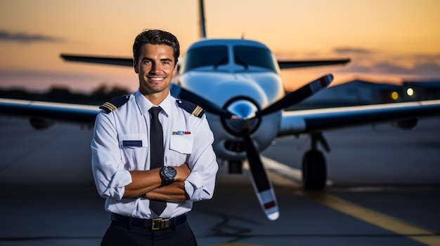 Giovane uomo allegro che tocca il cappello del capitano e sorride mentre è in piedi nell'aeroporto con l'aereo sullo sfondo