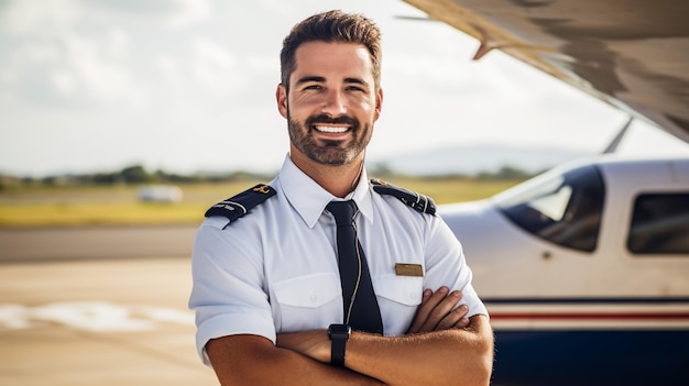 Giovane uomo allegro che tocca il cappello del capitano e sorride mentre è in piedi nell'aeroporto con l'aereo sullo sfondo