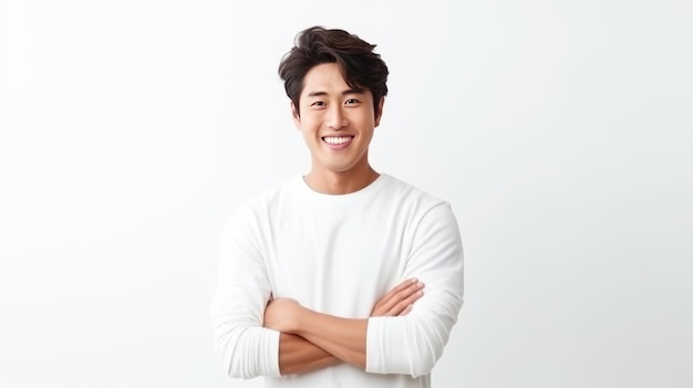 Giovane uomo asiatico con bracci incrociati isolato sfondo e sorridente