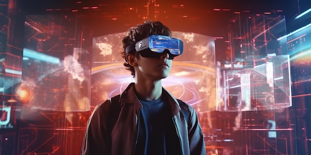 Giovane uomo attraente che gioca a un gioco di realtà virtuale su uno sfondo di foto digitali da episodi di gioco Metaverse e realtà aumentata nel cyberspazio Generative Ai
