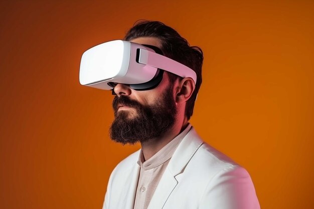 Giovane uomo barbuto che indossa occhiali per realtà virtuale