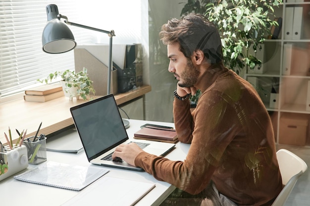 Giovane uomo barbuto concentrato in maglione marrone seduto al tavolo in ufficio con piante e analisi delle informazioni sul laptop