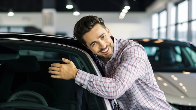 Giovane uomo bello che abbraccia un'auto in una vetrina