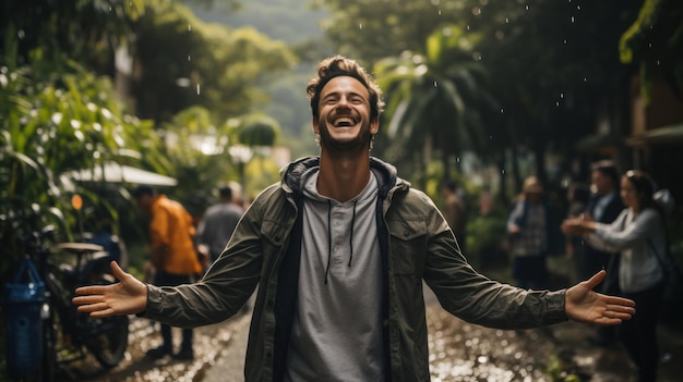 Giovane uomo bello che cammina sotto la pioggia per strada concetto di viaggio e turismo