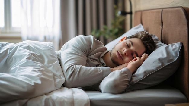 Giovane uomo bello che dorme nel suo letto