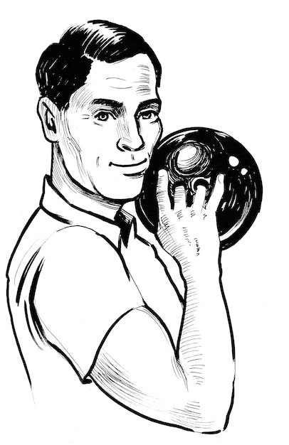 Giovane uomo bello che gioca a bowling. Disegno a inchiostro in bianco e nero