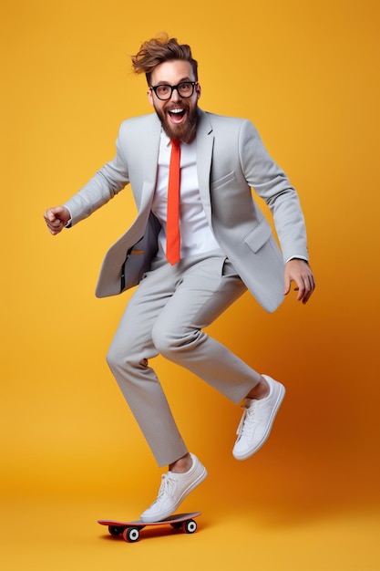 Giovane uomo bello e divertente con gli occhiali, i capelli castani e la barba che indossa un abito grigio chiaro e scarpe da ginnastica che saltano con lo skateboard su sfondo a colori da studio