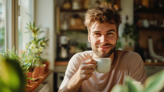 Giovane uomo caucasico allegro che beve tè o caffè al mattino in una cucina vintage luminosa e soleggiata