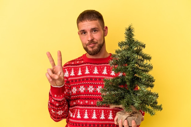 Giovane uomo caucasico che compra un piccolo albero per Natale isolato su sfondo giallo che mostra il numero due con le dita.