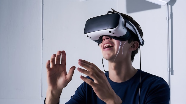 Giovane uomo caucasico che gioca emotivamente usando un auricolare di realtà virtuale isolato sulla parete bianca dello studio