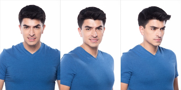 Giovane uomo caucasico in un'area vuota T-shirt blu in bianco Jeans in piedi e posano le braccia con le mani con un sorriso felice forte, sfondo bianco isolato, concetto di gruppo collage ritratto