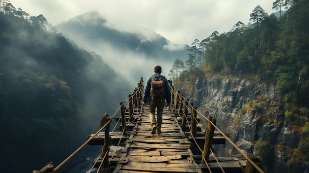 giovane uomo che cammina su un ponte di montagna