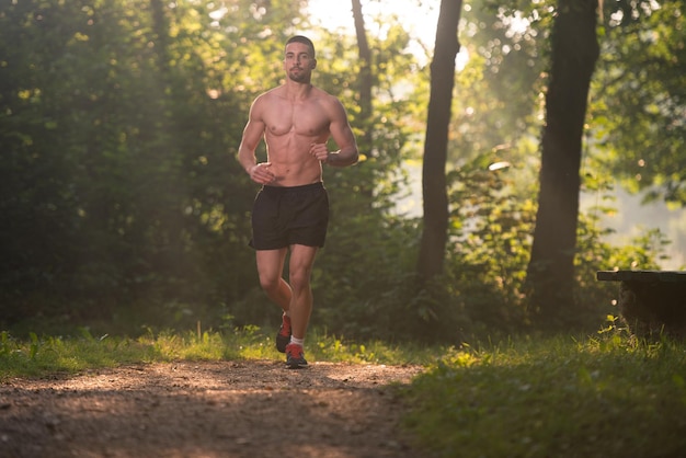 Giovane uomo che corre nella foresta boscosa Area - Formazione ed esercizio per Trail Run Marathon Endurance - Fitness stile di vita sano Concept
