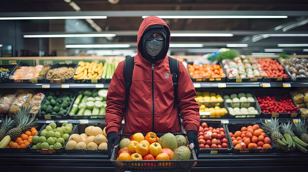 Giovane uomo che fa shopping mettendo la frutta in cesti in un grande supermercato moderno per comprare cibo