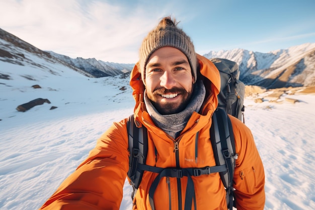 Giovane uomo che indossa abiti invernali scattando foto selfie nel paesaggio innevato