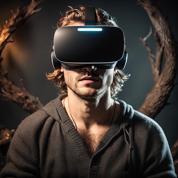 giovane uomo che indossa cuffie vr utilizzando occhiali per realtà virtuale