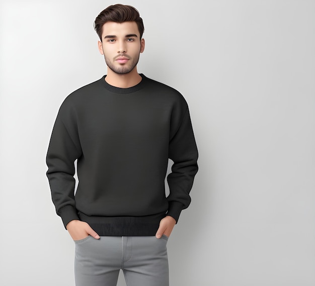 Giovane uomo che indossa un maglione nero vuoto mockup stampa presentazione mockup ai generare