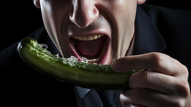 giovane uomo che mangia un pezzo di cetriolo verde su uno sfondo nero