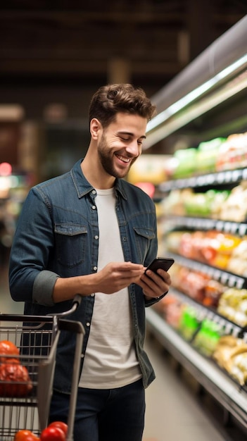 giovane uomo che usa il telefono mentre compra generi alimentari al supermercato altri clienti sullo sfondo