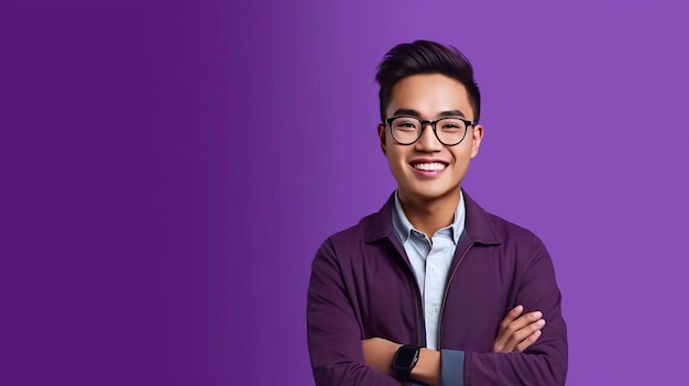 Giovane uomo d'affari asiatico che indossa occhiali in piedi su sfondo viola
