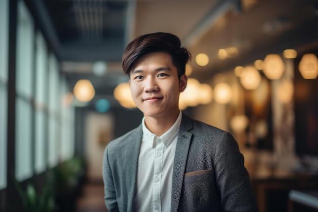 Giovane uomo d'affari asiatico intelligente volto sorridente in piedi nella sfocatura dello sfondo del design creativo degli interni dell'ufficio colorato IA generativa AIG20