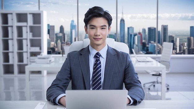 Giovane uomo d'affari bello con un laptop in ufficio