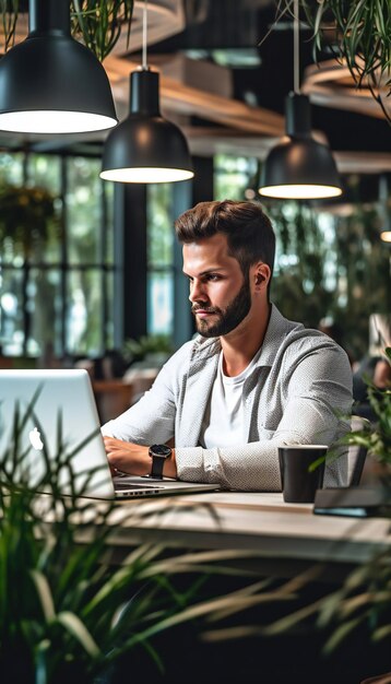 Giovane uomo d'affari che lavora al computer portatile in un moderno e luminoso coworking