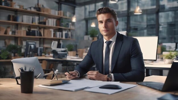 Giovane uomo d'affari di successo seduto al posto di lavoro sullo sfondo dell'ufficio