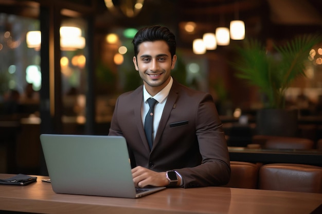 Giovane uomo d'affari indiano che utilizza computer portatile