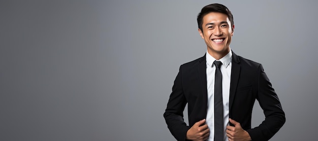 Giovane uomo d'affari malese che indossa un abito sullo spazio grigio della copia