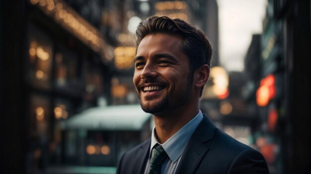 giovane uomo d'affari professionista che esplora la città sorridendo.