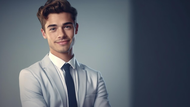 Giovane uomo d'affari sorridente che posa su uno sfondo di colore tenue IA generativa