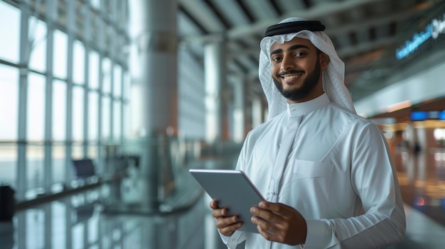 Giovane uomo del Medio Oriente che posa con un tablet digitale al terminal dell'aeroporto Un uomo d'affari arabo di successo che lavora su un tablet mentre aspetta il volo Copyspace