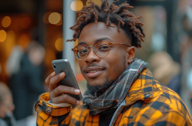 giovane uomo di colore che usa un telefono cellulare in ufficio lavorando come uno stile di vita moderno e tagliente freelance