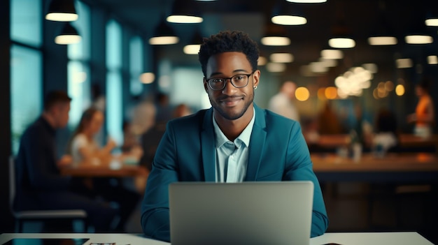 Giovane uomo di colore professionale sorridente che lavora al computer portatile in ufficio e che guarda l'obbiettivo