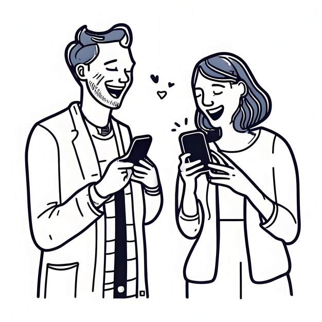 Giovane uomo e donna che usano il loro smartphone Illustrazione vettoriale colorata