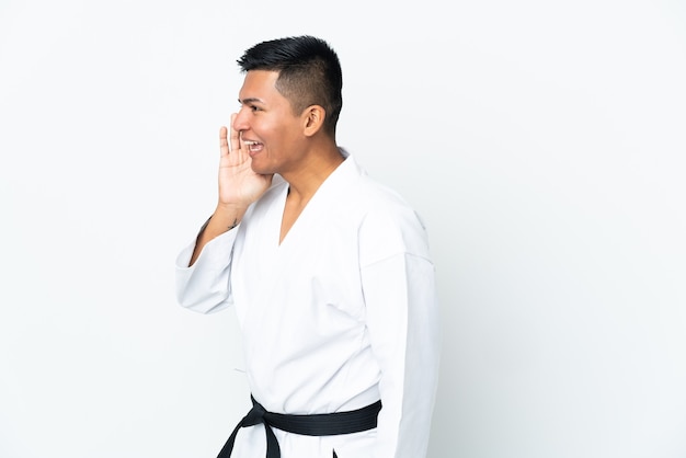 Giovane uomo ecuadoriano che fa karate isolato
