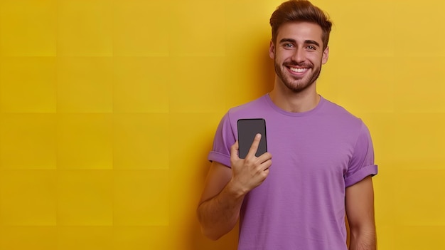 Giovane uomo gioioso e maglietta lilac e un telefono che porta l'indice Generative Ai