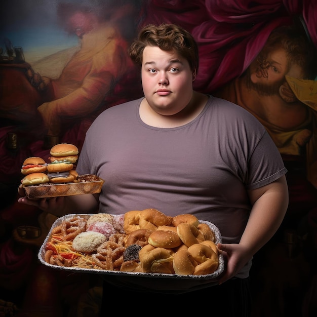 Giovane uomo grasso che tiene un vassoio di cibo spazzatura