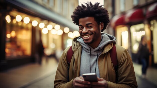 Giovane uomo hipster afroamericano con attrezzature moderne che cammina nel centro storico esplorando la città durante le vacanze sorridente uomo nero